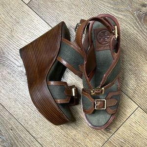 Tory Burch Olive Canvas & Brown Leather Wedge Sandals 7M
